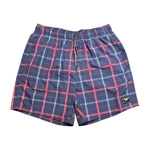 Speedo Swim Trunks Men's MED Plaid Navy Blue Red Mesh Liner Board Shorts 8-11729